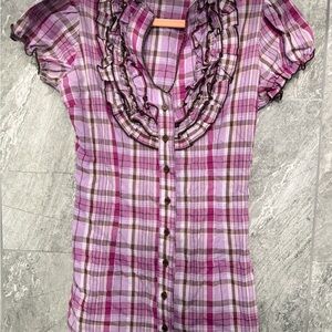 SOLD y2k office siren style Plaid Ruffle Button-Up Top, with cinched waist.